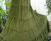 ARIEL ON EARTH - Boho Gypsy Long Tiered Ruffle Cotton Skirt - Olive Green