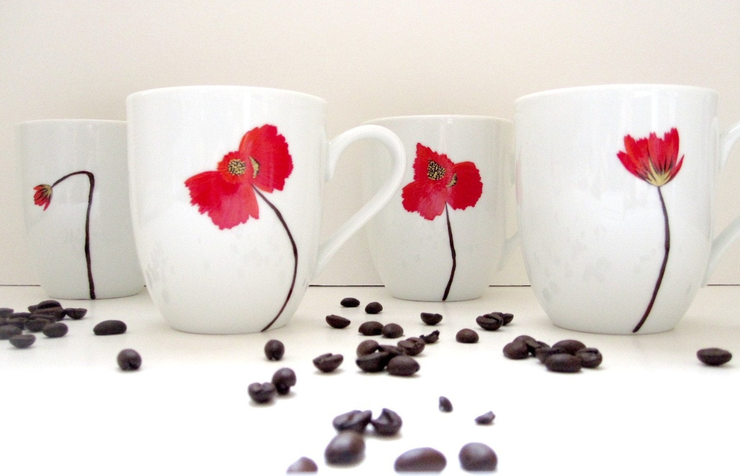 Red 
Poppy Porcelain Coffee Mugs- Set of 4