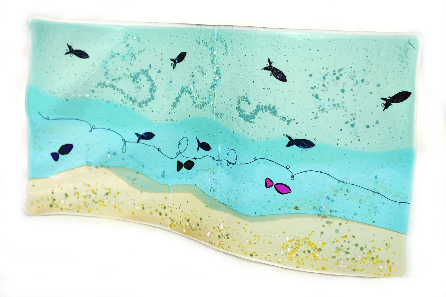 Fused glass fish wave panel