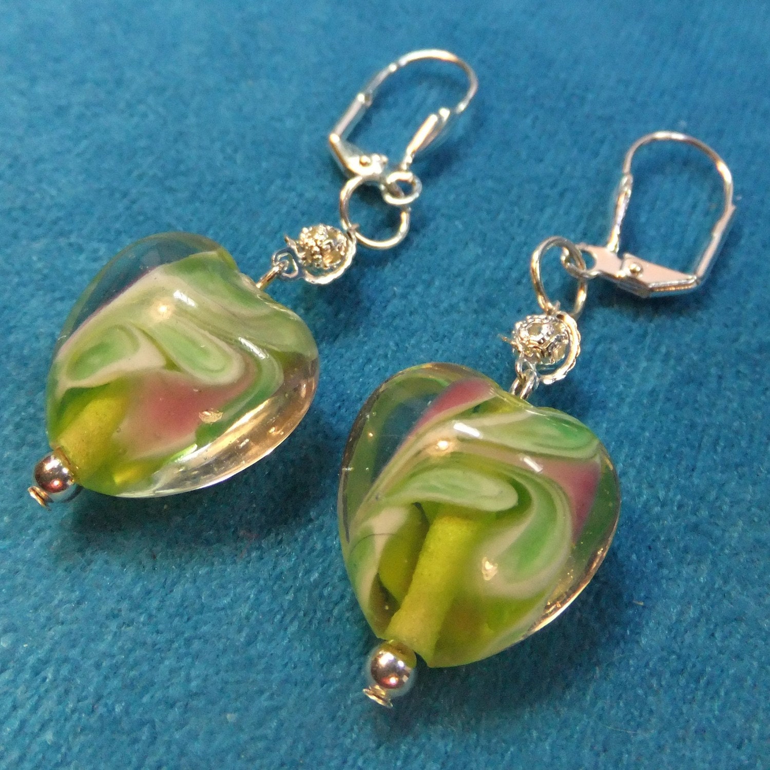 Green Lampglass Hearts Dangle Earrings for Valentines Day or Mother's Day
