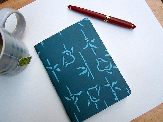 Dark Teal Notebook/Sketchbook/Journal with a quaint japanese bird pattern