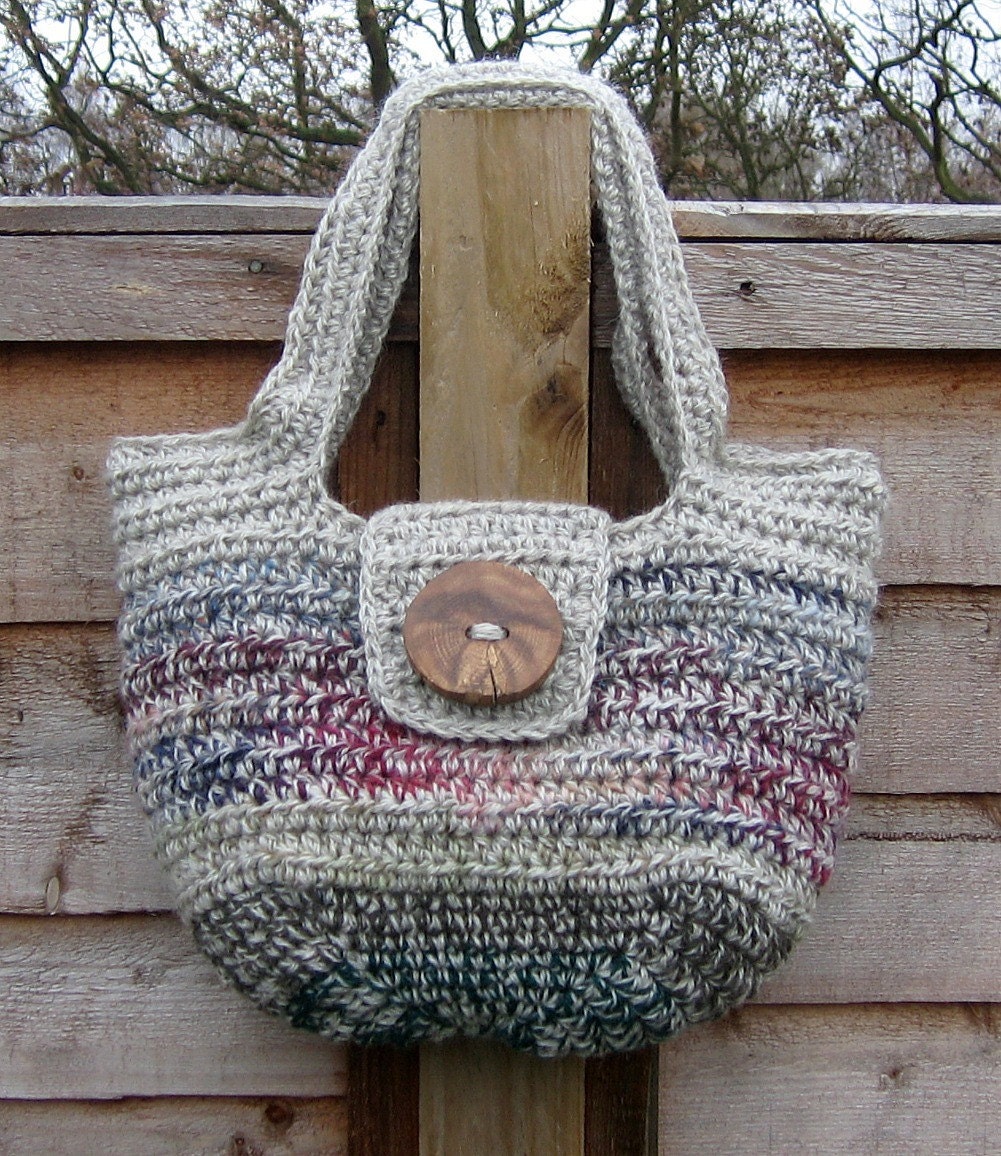 Pure Wool Handbag Crochet Gray Gotland Green Burgundy Blue Natural Wood Button