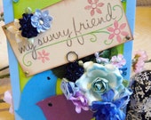 My Sunny Friend - Everyday Spring OOAK Shbby Chic Card - Purple and Blue Birds - Flowers, Gems, Stamped, Blue Card - Envelope