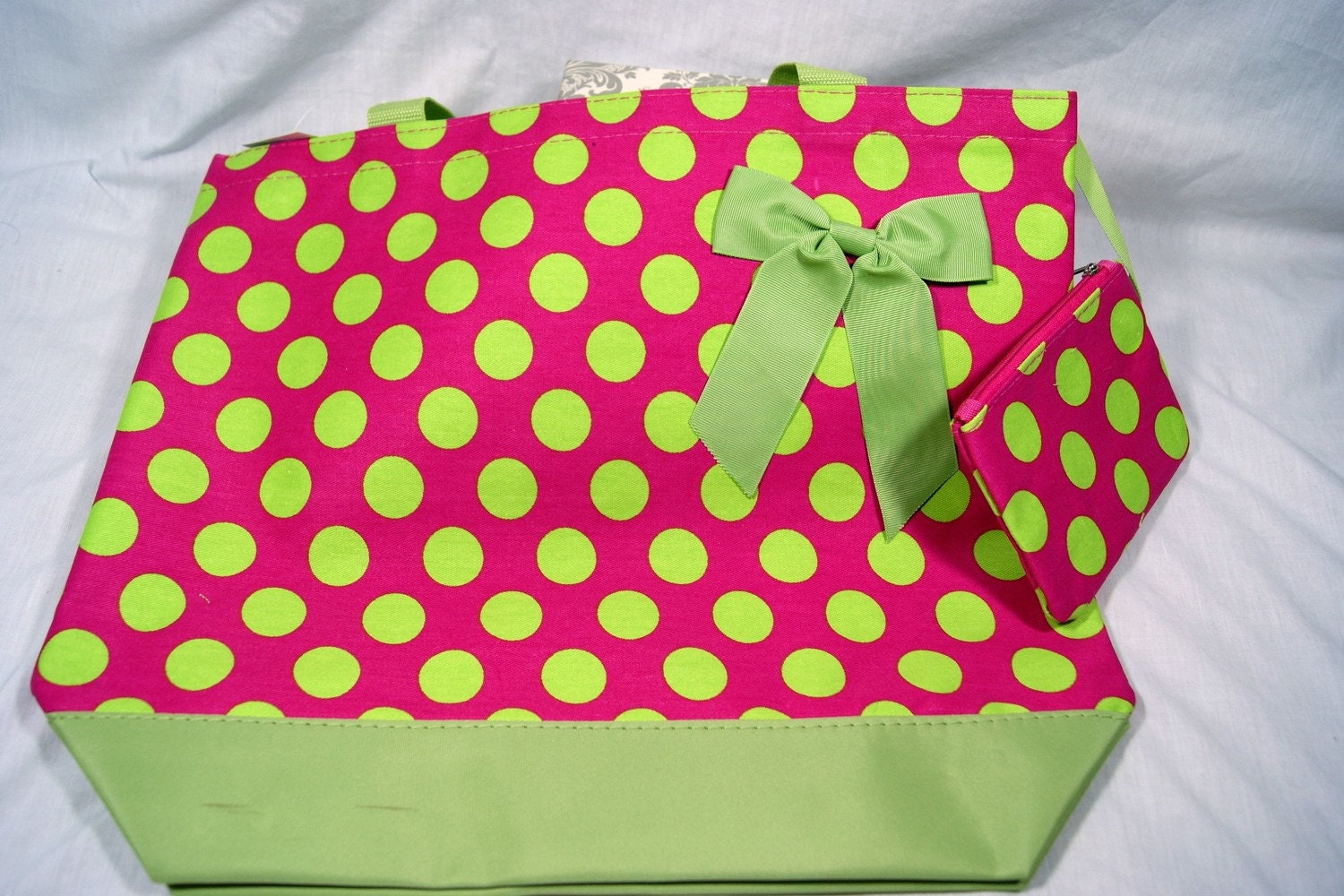 Personalized canvas tote/book bag - Pink with green polka dots