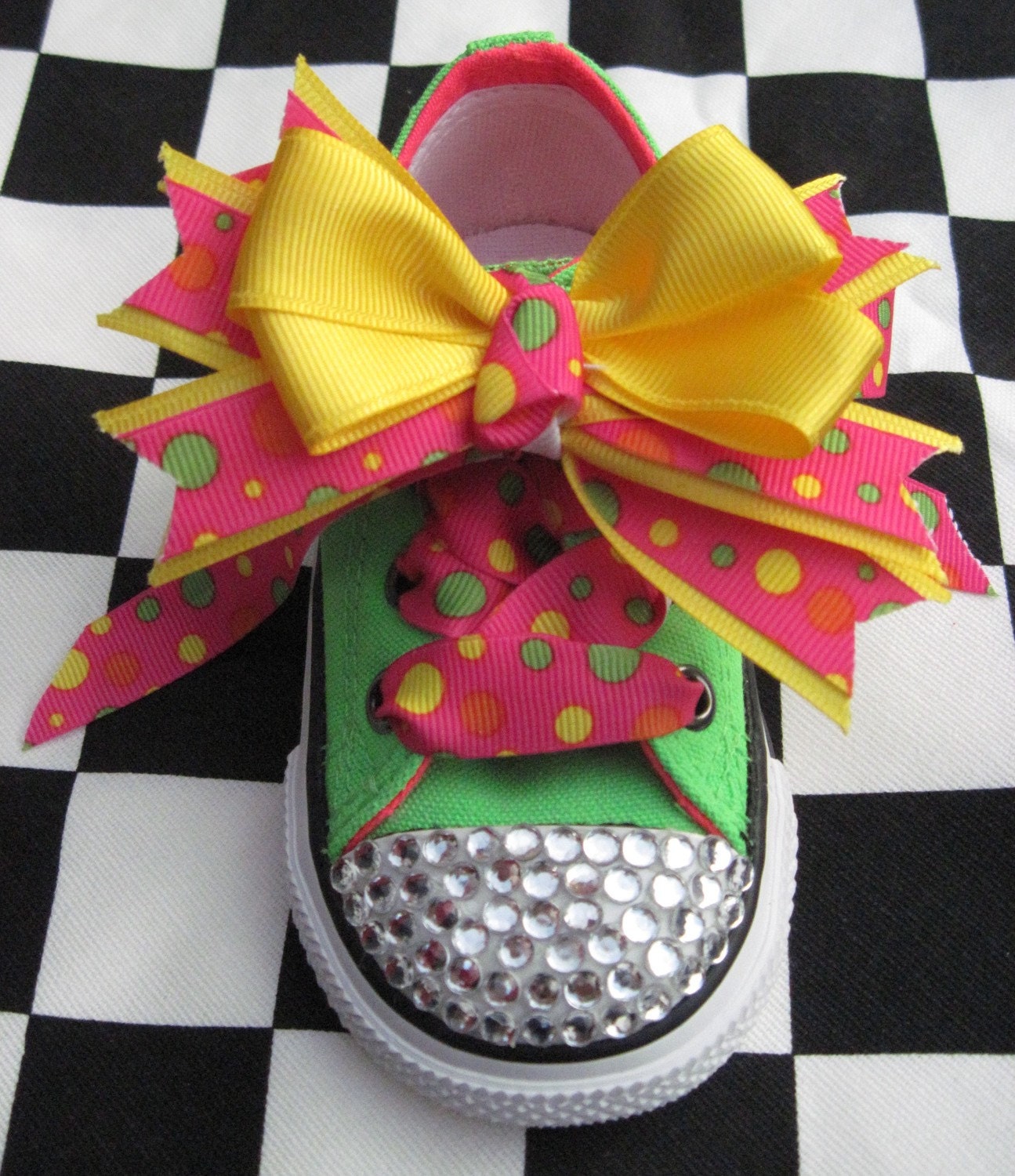 Bling - Rhinestone Studded Neon Green/Hot Pink Converse Low Top Shoes with Bow Clips