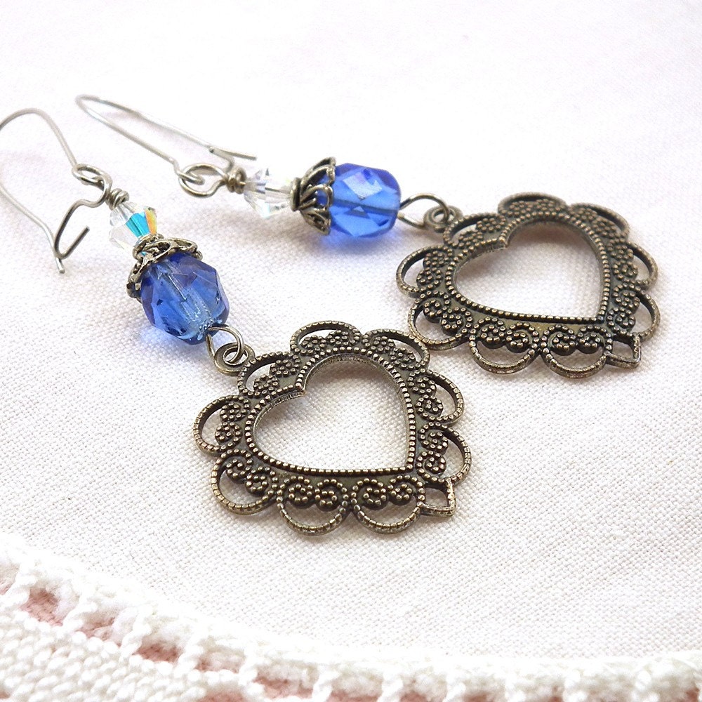 Heart Earrings Blue Crystal Antiqued Silver Victorian Style