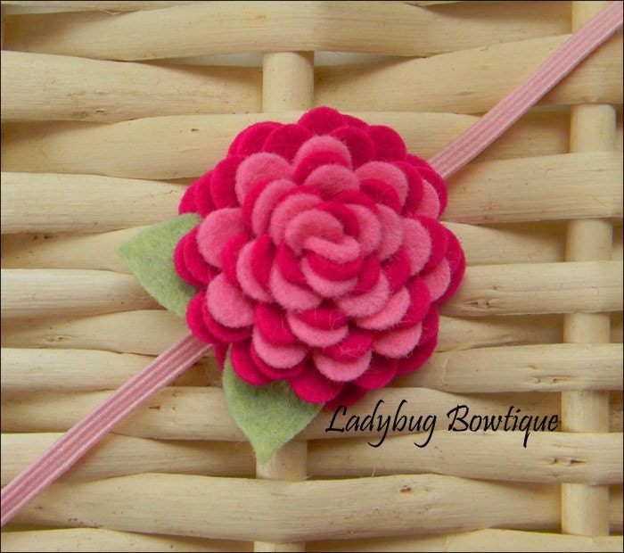 Wool Felt Flower Clip or Skinny Elastic Headband - Fuschia Pink Swirls