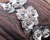 Leather flower headband, cream roses ivory leaves on metal hairband, floral wedding tiara