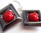 Hematite and Red Bamboo Coral Dangle Earrings