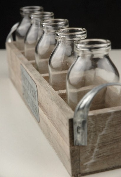 Shabby Chic Wood Crate with Glass Milk Bottles