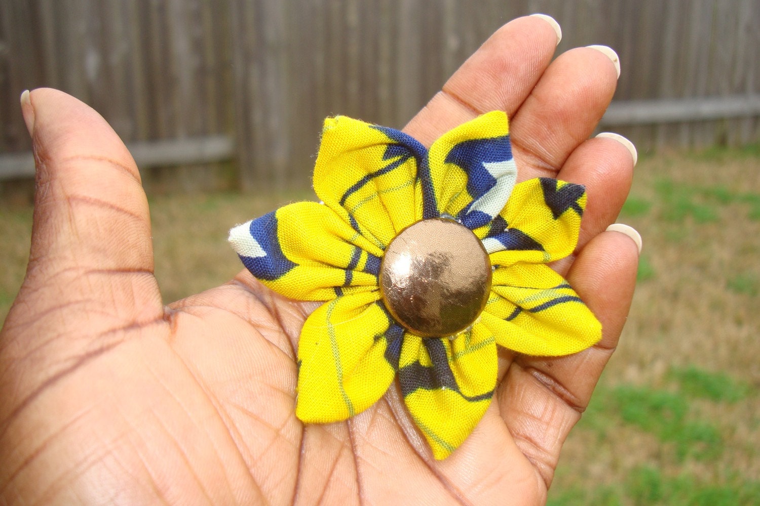 Yellow and Navy Blue Hair Flower with Gold button