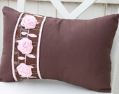 Brown/Pink Pillow with 3 Flower Rosette