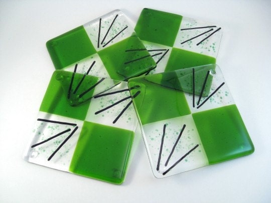 Green Check Glass Coasters