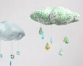 Lucky Little Cloud Mobile - "Raindrops keep falling on my head" fabric sculpture in kelly emerald green, turquoise, tiffany blue, golden yellow, and snow white