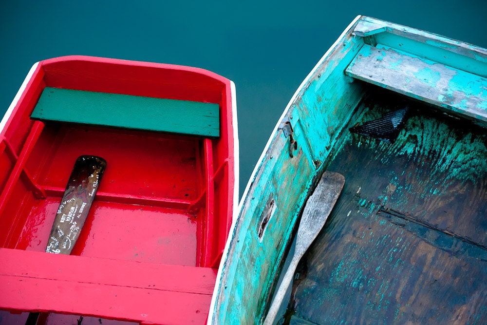 Row Row Row Your Boat - 8 x 12 Fine Art Photograph of two red and teal row boats with weathered, peeling paint on dark green water in Rockport, Massachusetts