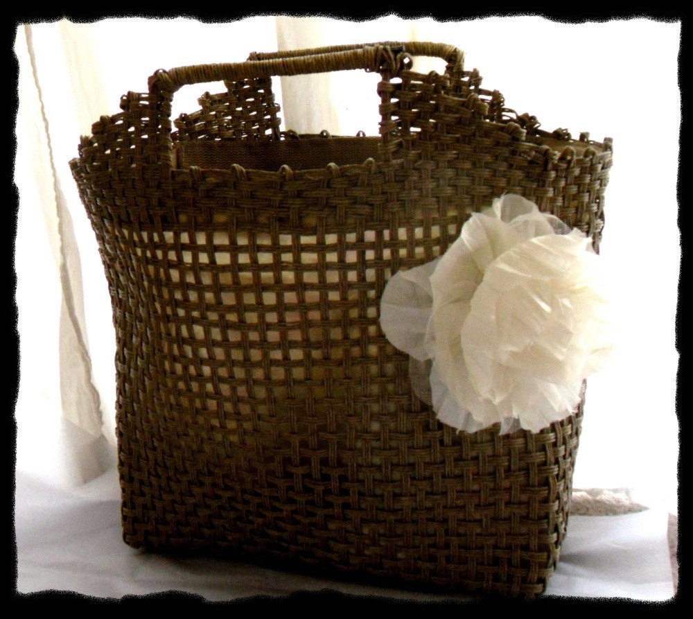 Vintage Basket Tote Bag Shabby Chic French Market Chiffon Flower