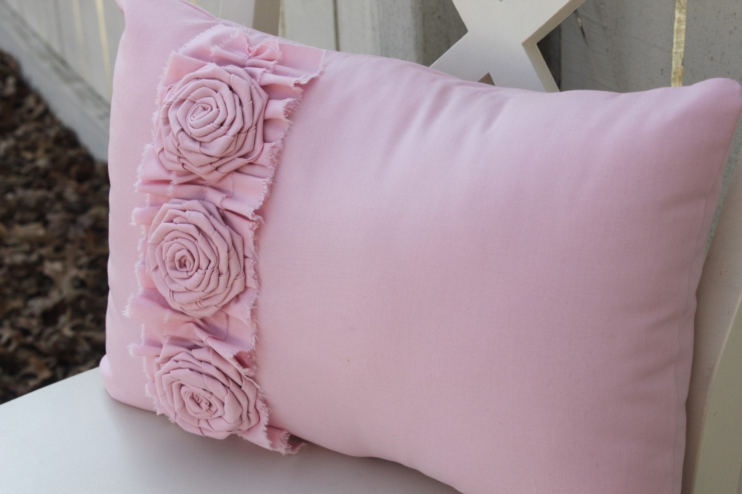 Pink Pillow with Frayed Ruffle and 3 Flower Rosette