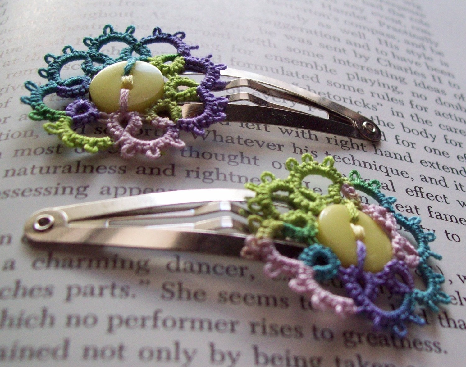 Easter Blossoms Tatted Medallion Button Hair Clips