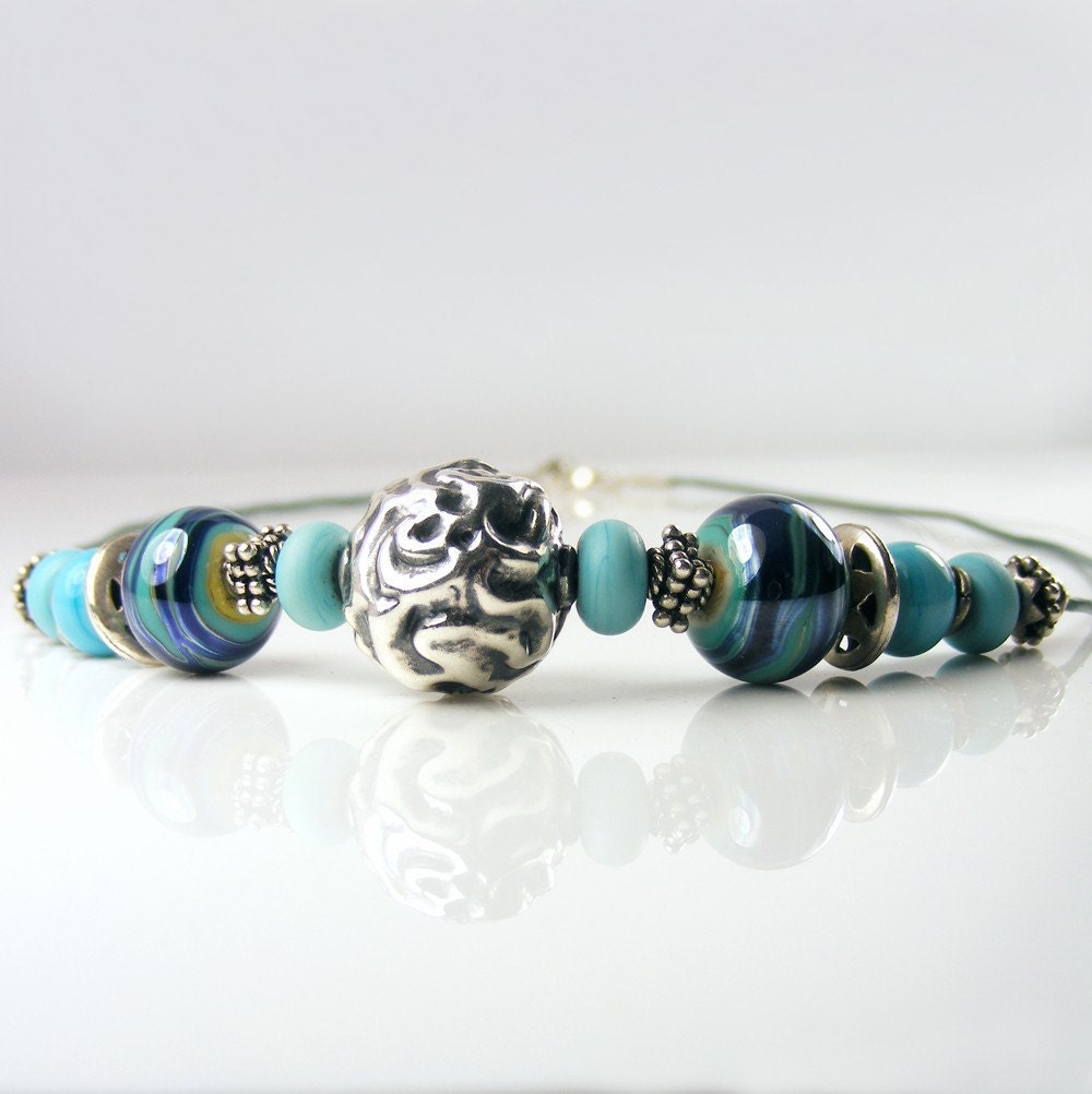 Aqua Cobalt Blue Necklace, Lampwork Glass & Sterling Silver OOAK