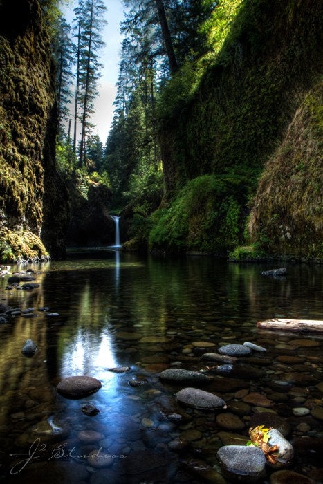 Fine Art Photography Print - EAGLE CREEK (16x24) - Punchbowl Falls. Waterfall. Oregon. Columbia Gorge. Fountain of Youth. Cleansing. Spirit. Zen. Yin and Yang. Harmony. Peaceful. Rejuvenating. Glowing. Eagle Creek. Stunning. Captivating. Vast. Gorge.