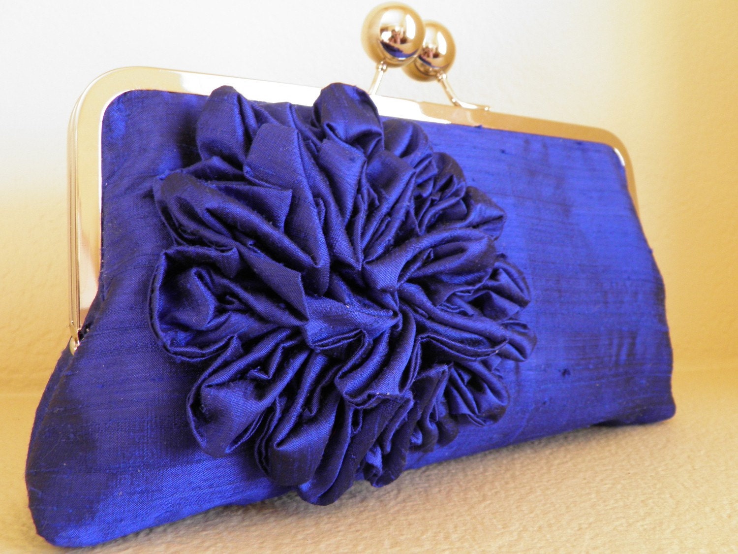Cobalt Blue Silk Clutch with Ruffle Flower - Custom