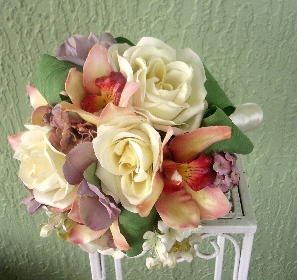Sincere Silk Rose, Cymbidium Orchid, Alstroemeria Lily and Lilac Flower Bridal Bouquet and Groom's Boutonniere