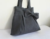 Dark Grey Pleated Hemp / Cotton Tote Bag with Big Bow