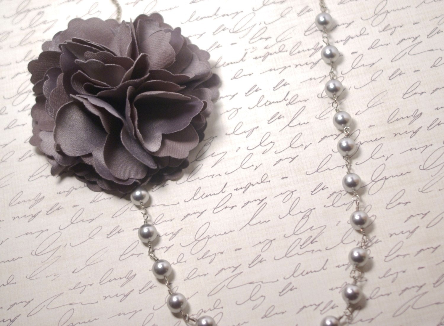 Silver Pearl and Grey Flower Necklace