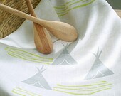 FREE SHIPPING. ready to ship. teepees and rivers. modern linen tea towel.