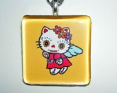 KITTY Cat Sugar Skull DAY Of DEAD Glass Tile Necklace Angel Kitty