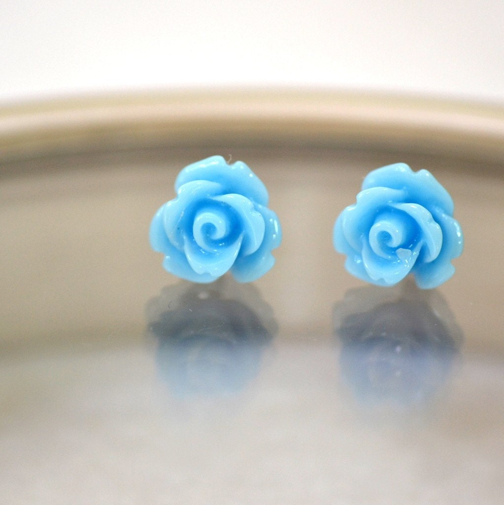 Sky.  Tiny Baby Blue Rose Post Earrings.