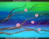 MAGNOLIA TREE......Very Large 48x24 inch Abstract Modern Contemporary Original Floral Tree Art Painting Blue, Purple, Green, White, Pink, Impasto Palette Knife Textured by J.LEIGH