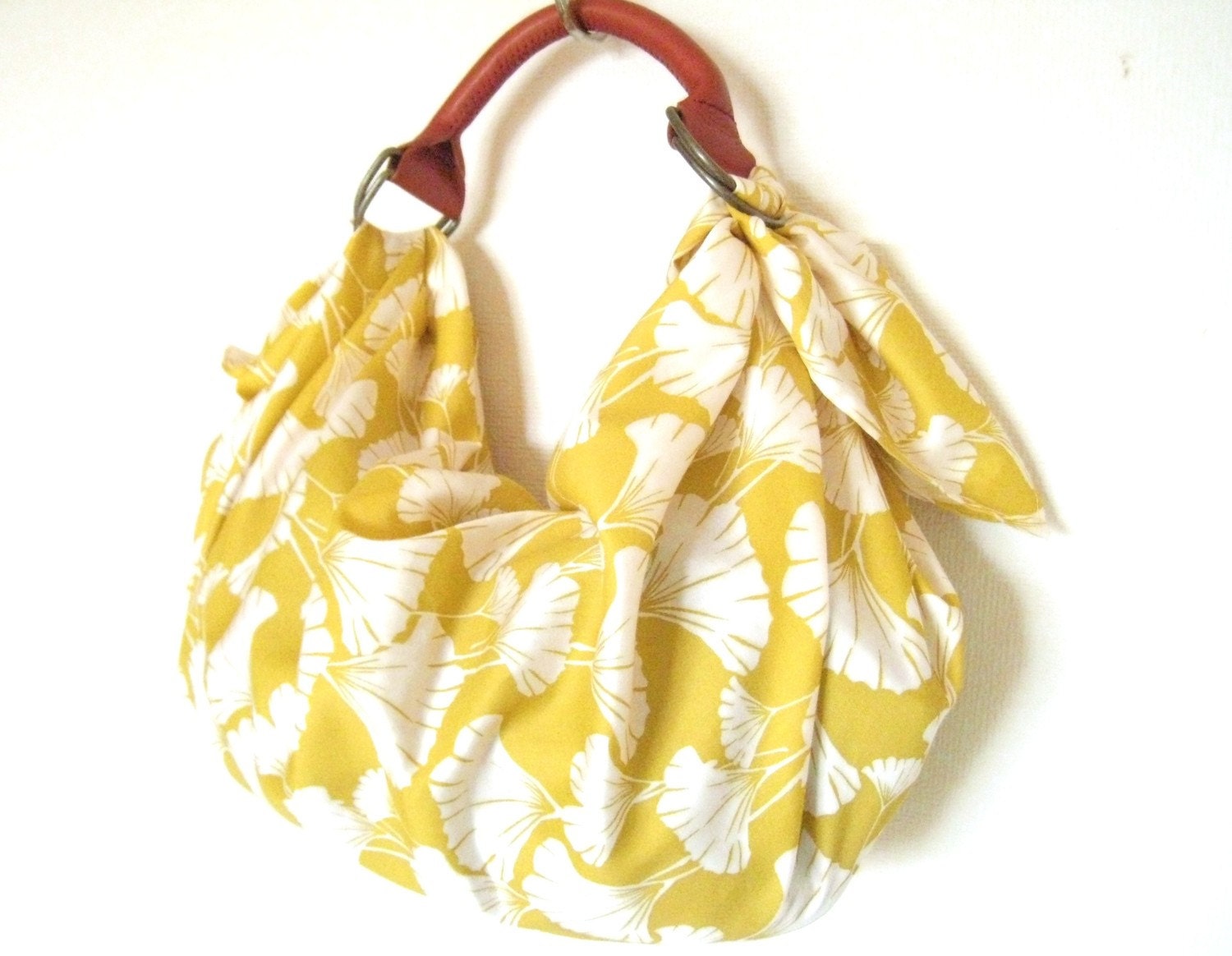 Organic Cotton Fabric Bag with the leather handle-ginkgo print