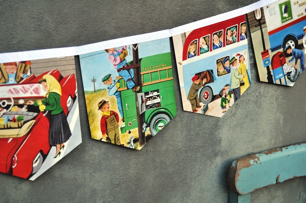 Cars and Trucks: Vintage Little Golden Book Repurposed  Bunting Banner Decoration Children