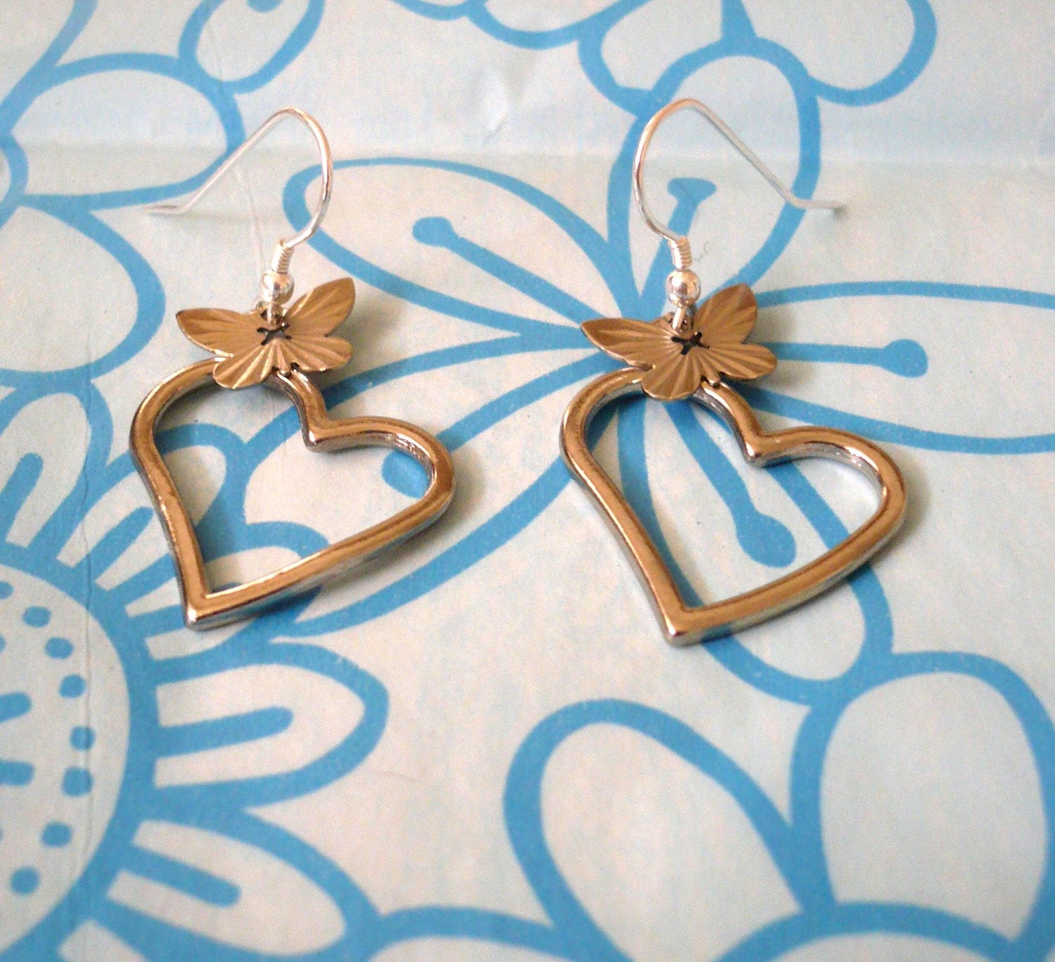 Silver Butterfly Heart Earrings for Japan Relief/ Animal rescue and support