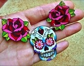 sugar skull and rose tattoo necklace day of the dead (dia de los muertos calavera)