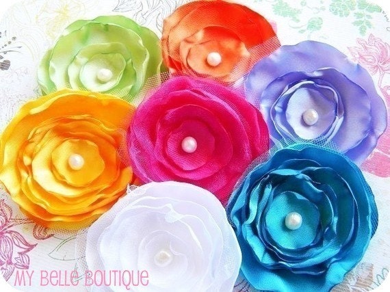 DEAL OF THE WEEK -- 7 Piece Satin Tulle and Pearl Flower Hair Bow Clip Set - GREAT STARTER SET FOR BABY SHOWER GIFT