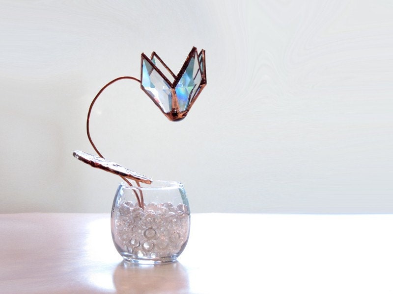 Clear Bevel Stained Glass Cyclamen 3D Flower Arrangement Handmade OOAK