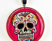 Dia De Los Muertos Skull  - Art Glass Pendant Necklace