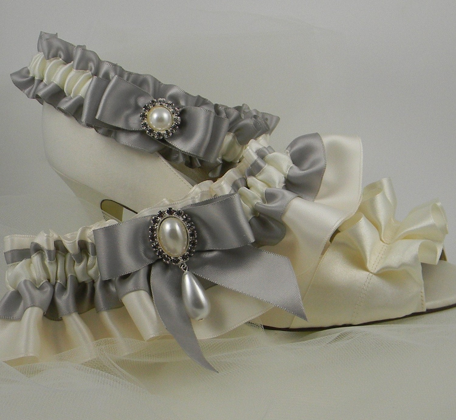 Bridal Garters, Toss and Keep, Satin, Ivory and platinum, Pearl/rhinestone drop embellishment