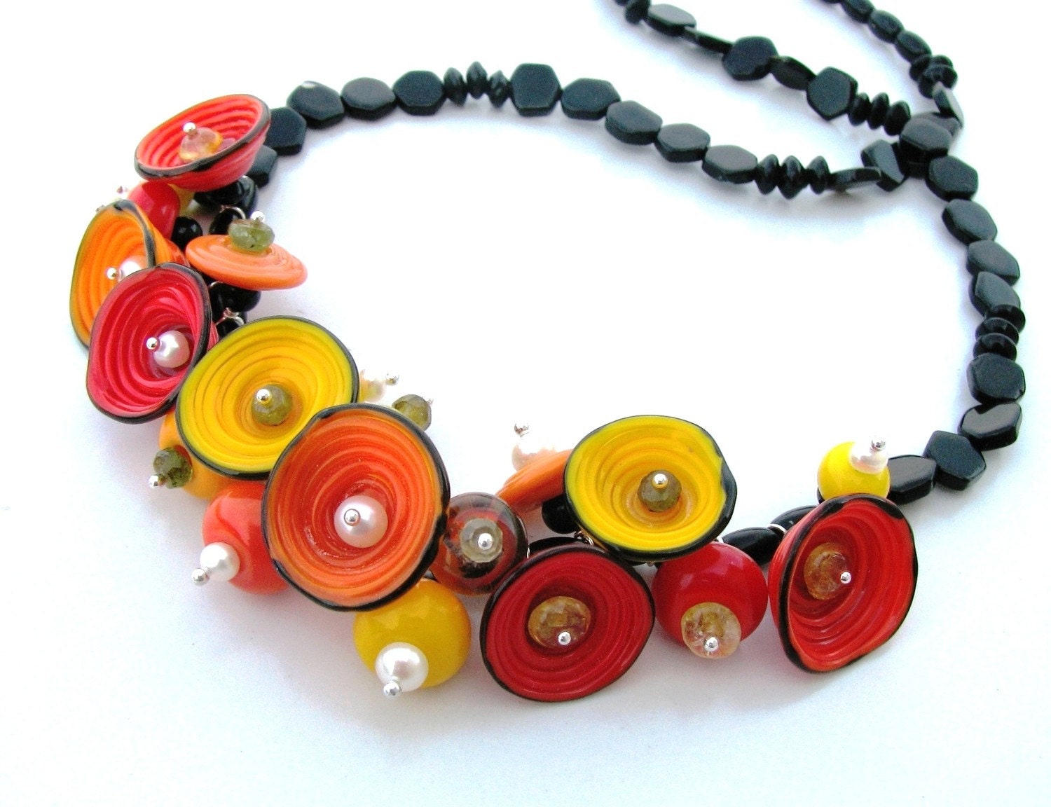 Artisan Lampwork, onyx, pearls and tiny gems Salsa Blooms necklace