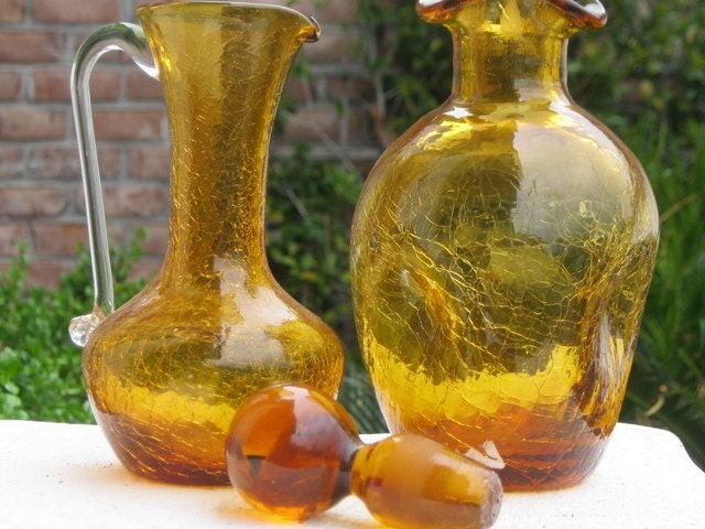 2 Handblown Cracked Amber Depression Glass Pieces - Decanter and Pitcher