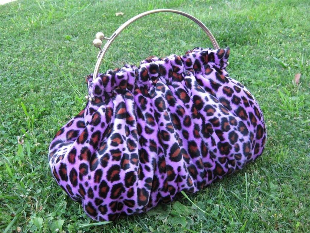 Purple Leopard Faux Fur Purse with 10 Inch Handle