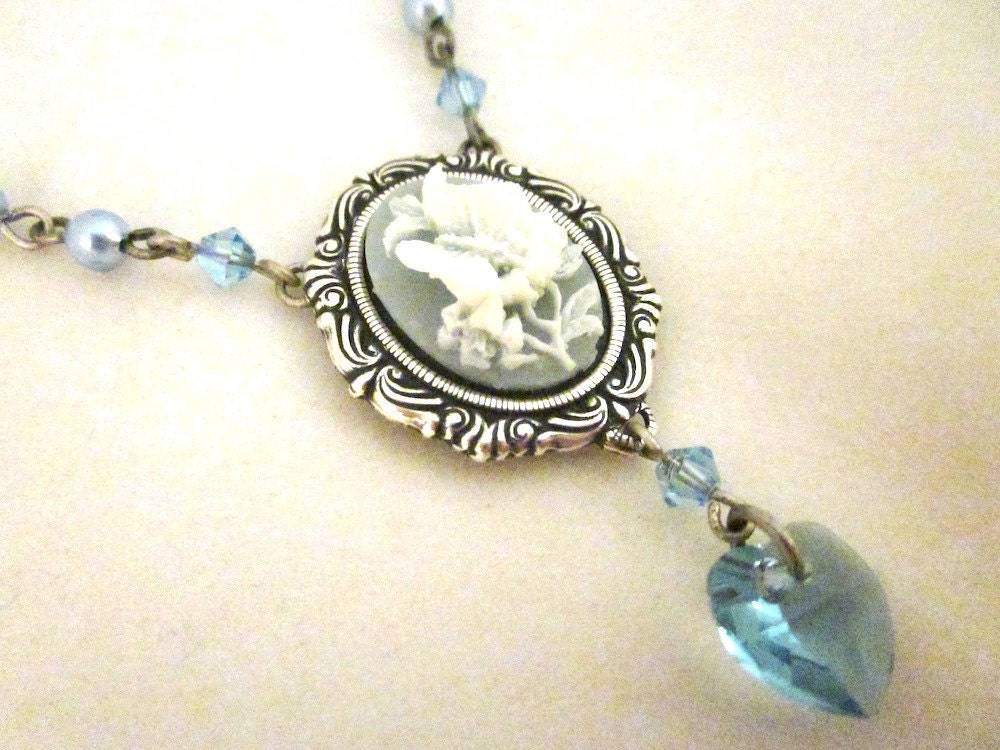 Victoriana Blue Cameo Necklace - Resin cameo in antique silver coloured setting with swarovski pearls and crystals