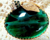 Vintage Estate Collection 1940 Jeanne Brooch Large Signed Oval Art Glass Cabachon and Stemmed Rhinestone Flowers on Branch