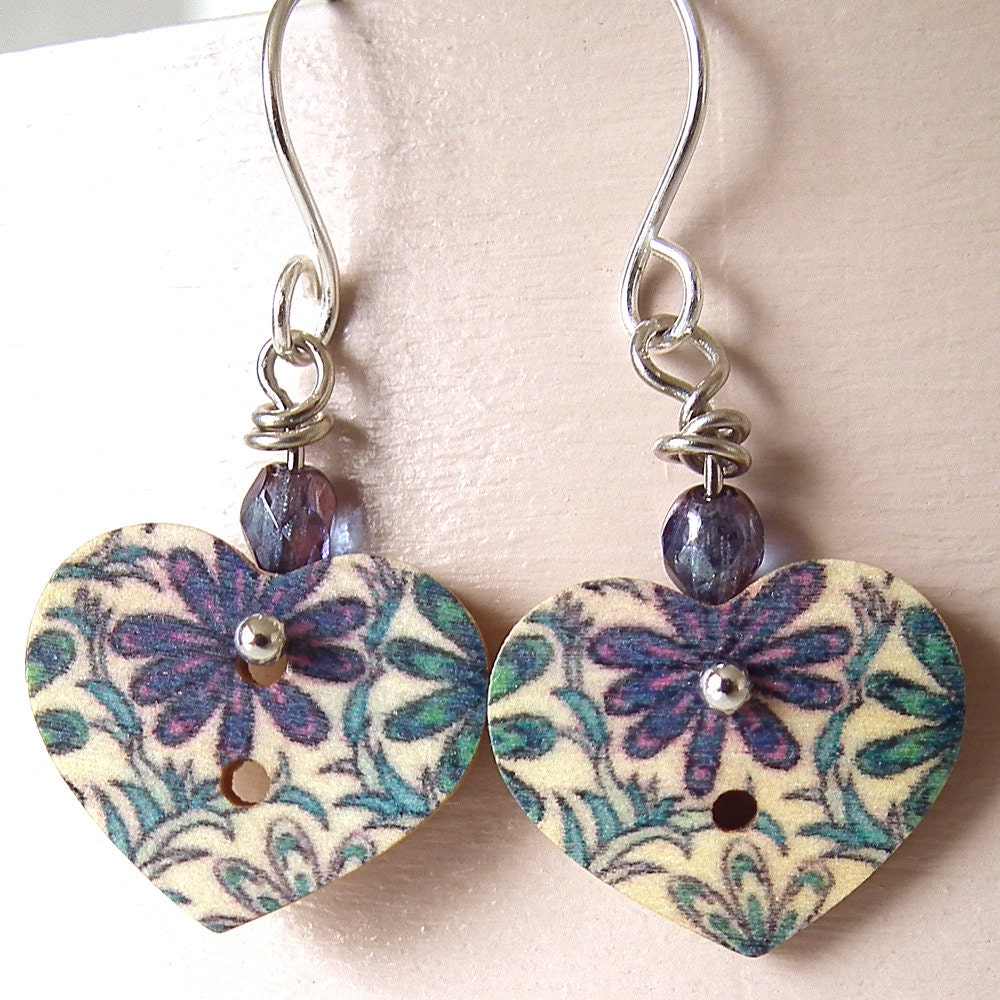 Button Earrings : Sweet Wooden Hearts Blue Flowers