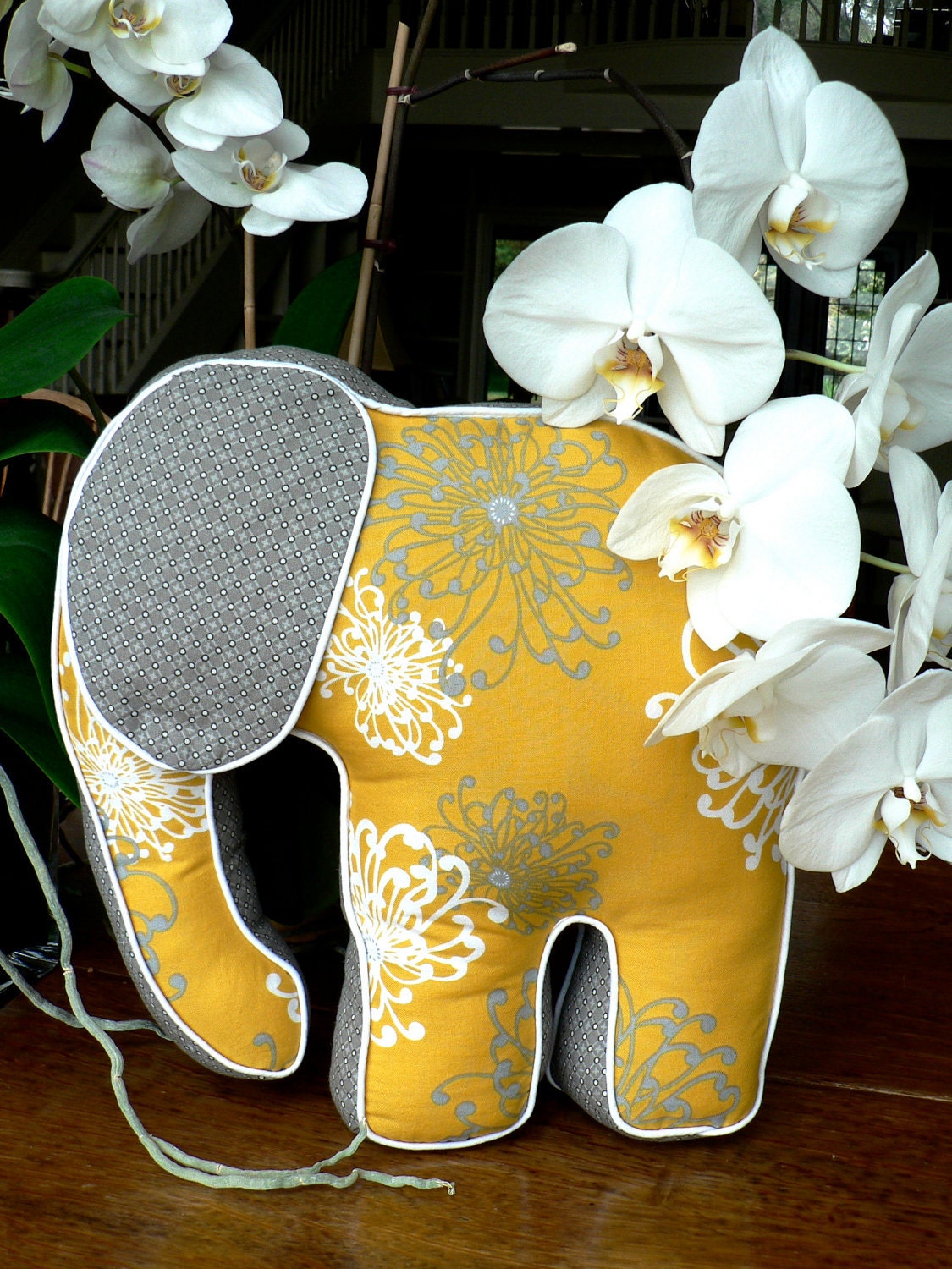 Yellow and Grey Elephant Pillow