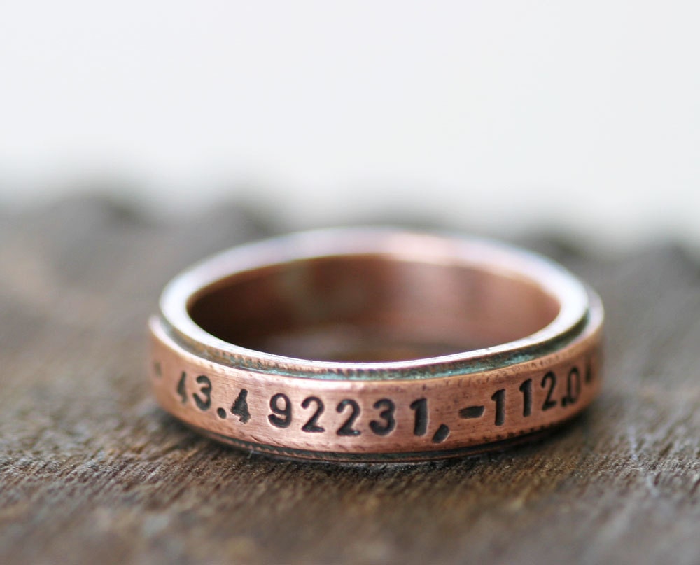 2  Latitude Longitude copper thin band rings rustic commemorate - reserved  for CircumstanceArt
