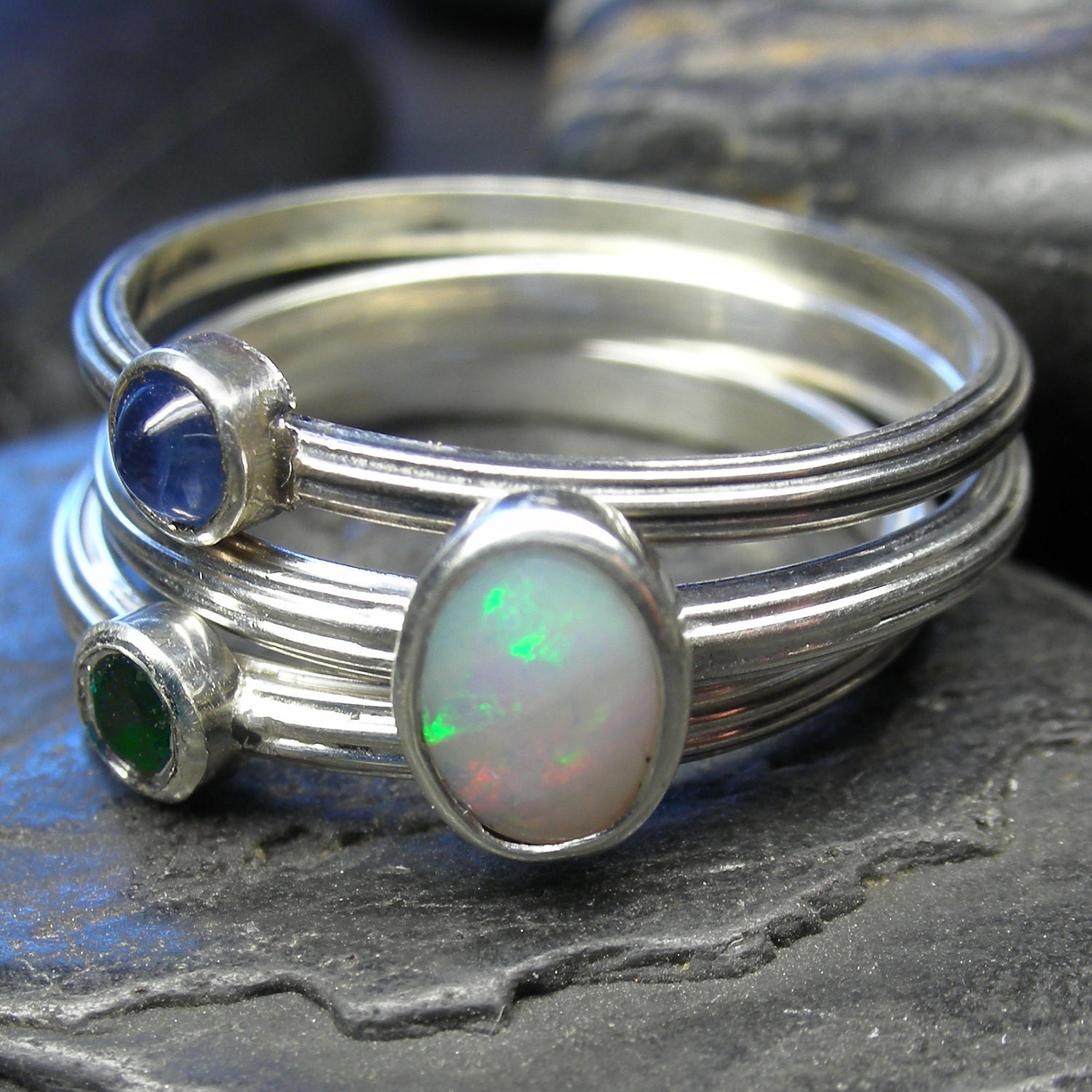Stackable rings with natural Australian Opal, blue sapphire and emerald - Made to your size using an antique tool