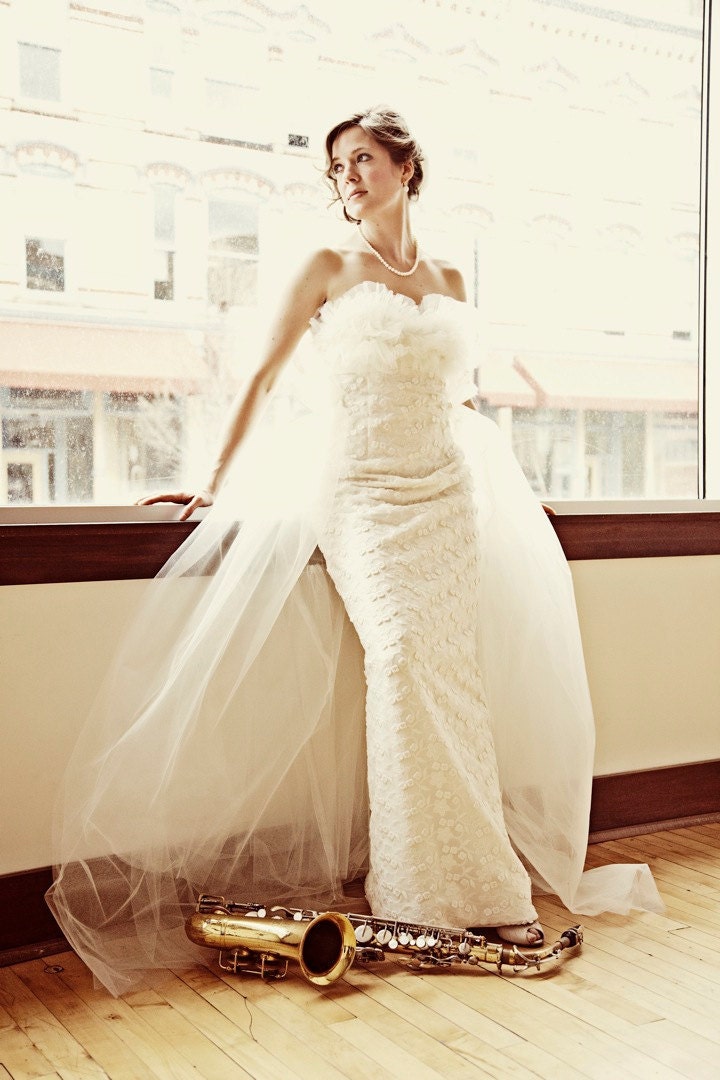 Strapless sheath lace wedding dress with detachable train - Sophie